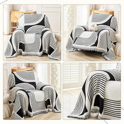 Boho Chenille Couch Cover with Tassels, Bohemian Sofa Cover for 1 Cushion Couch, Armchair, Chair, 1 Seater (71" x 91", Black)