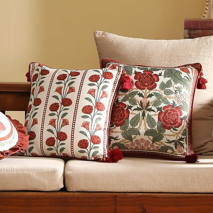Vintage Square Throw Pillow Covers Pack of 2,Red Cozy Velvet with Leaves and Floral Pattern Pillowcases,Decoration Pillows Cushion Covers for Living Room Couch Sofa Bed Car Chair,18"x18"