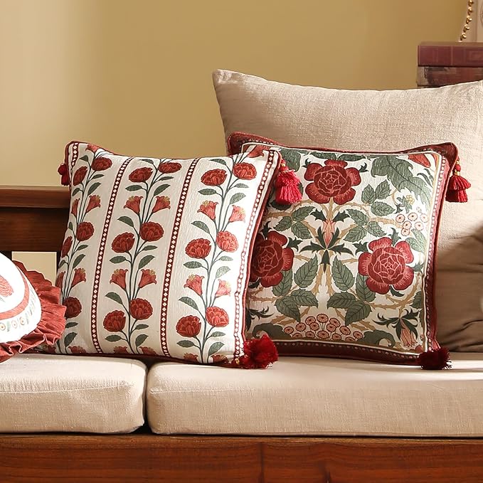 Throw Pillow Covers Pack of 2,Red Cozy Velvet with Leaves and Floral Pattern Pillowcases,Decoration Square Pillows Cushion Covers for Living Room Couch Sofa Bed Car Chair,18"x18"
