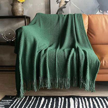 LOMAO Knitted Throw Blanket with Tassels Bubble Textured Lightweight Throws for Couch Cover Home Decor (Green, 60x80)