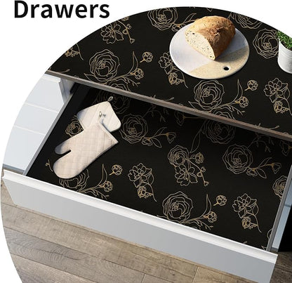 Shelf Liners for Kitchen Cabinets 12in x 30FT Non Adhesive Drawer Liner Black Floral Thickened Shelf Liner Paper Strong Non-Slip Easy to Clean for Tool Box Refrigerator with Knife and Tape Measure
