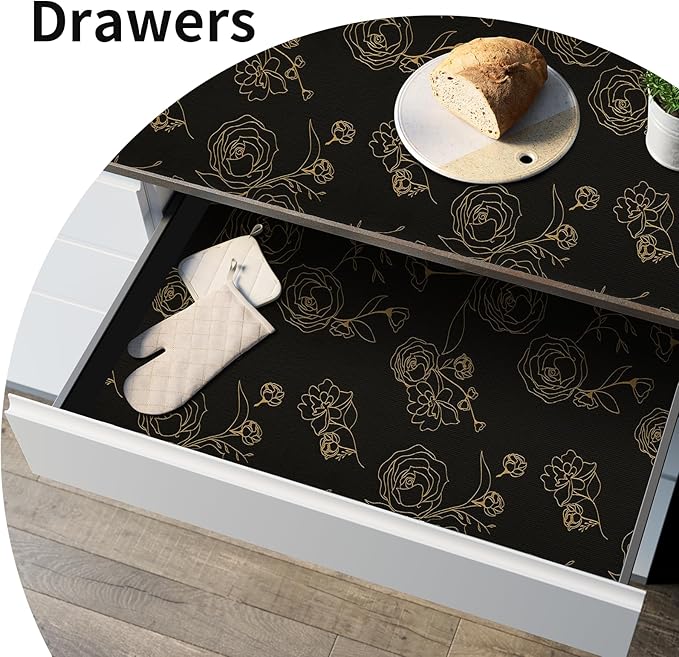 Shelf Liners for Kitchen Cabinets 17.5in x 30FT Non Adhesive Drawer Liner Black Floral Thickened Shelf Liner Paper Strong Non-Slip Easy to Clean for Tool Box Refrigerator with Knife and Tape Measure
