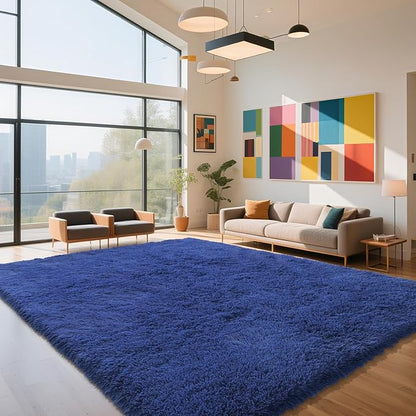 Blue Fluffy Rug Shaggy Area Rug, 9x12 Area Rugs for Girls Bedroom, Big Soft Shaggy Bedside Non-Slip Plush Dorm Nursery Kids Carpet Home Decor Aesthetic