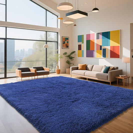 Blue Fluffy Rug Shaggy Area Rug, 9x12 Area Rugs for Girls Bedroom, Big Soft Shaggy Bedside Non-Slip Plush Dorm Nursery Kids Carpet Home Decor Aesthetic