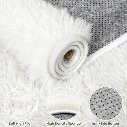 2x6 Bedside Area Rugs for Bedroom: Soft Fluffy Shag White Rug for Hallway, Non-Slip Fuzzy Plush Living Room Rug Indoor Floor Carpet for Kids Rooms, Dorm, Nursery, Modern Home Aesthetic Decor