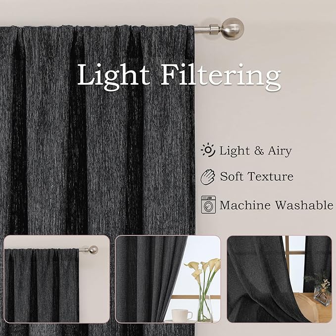 Simplebrand Black Semi Sheer Faux Linen Textured Curtains 54 Inch Length 2 Panels Set, Rod Pocket Farmhouse Short Curtain Drapes for Dinning Small Windows Bathroom Bedroom, Each 40Wx54L in, Black