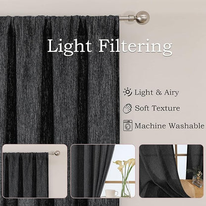 Simplebrand Black Faux Linen Textured Semi Sheer Curtains 108 Inches Long 2 Panels for Living Room, Privacy Extra Long Light Filtering Farmhouse Thick Window Drapes for Large Window, 50 x 108 Inch