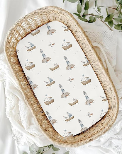 Bassinet Sheets for Baby Girls Boys 2 Pack, Fitted Baby Mattress Sheet for Rectangle, Oval, Hourglass Bassinet Mattress, Breathable Cozy & Universal Fit (Sailing Waves)