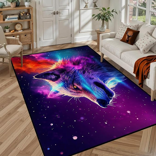5' X 7' Galaxy Wolf Rug 3D Fierce Wolves Area Rugs for Bedroom Living Room Playroom Gameroom Boys Kids Colorful Glitter Throw Rugs Floor Mat Carpet