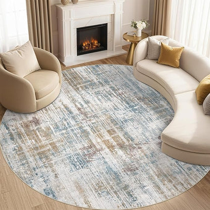 8ft Round Area Rug for Living Room: 8x8 Washable Neutral Abstract Modern Soft Rugs Non Slip Indoor Floor Stain Resistant Carpet for Bedroom Dining Room Office Nursery - Blue Brown