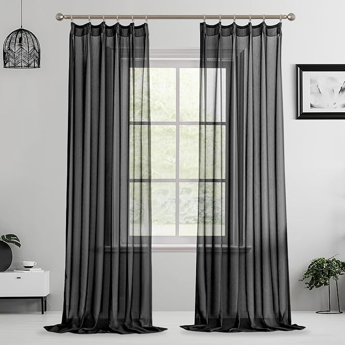 MAIHER 132 Inch Length Pinch Pleat Curtains 11ft for Living Room Ceiling Tall Curtains Vertical Soft Sheer Pleated Drapes with Adjustable Hooks, Black, 42" W x 132" L, 2 Panels