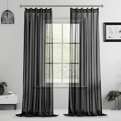 MAIHER 132 Inch Length Pinch Pleat Curtains 11ft for Living Room Ceiling Tall Curtains Vertical Soft Sheer Pleated Drapes with Adjustable Hooks, Black, 42" W x 132" L, 2 Panels