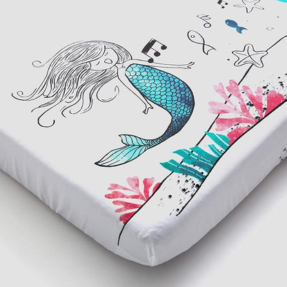 JumpOff Jo - Fitted Mini Crib Sheet for Portable Crib, Playard, and Playpen Mattresses and Mats, Super Soft 100% Cotton, 24 in. x 38 in. - Moonlight Mermaid