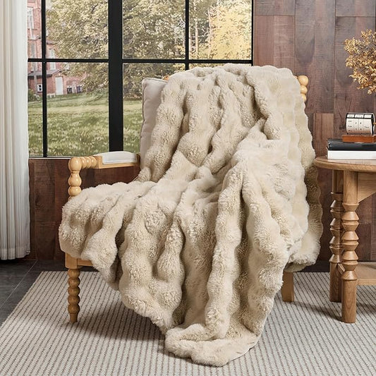 Lotus Karen Faux Fur Throw Blanket Linen - 800 GSM Bubble Rabbit Fluff Blanket for Couch Bed Sofa,Softest Fluffy Fuzzy Cozy Blanket,Thick Furry Plush Shaggy Warm Blankets for Women,60x80 Inches