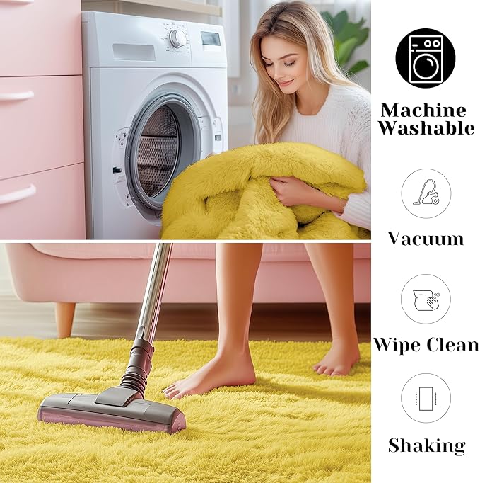 ONASAR Yellow Rugs for Living Room Bedroom, 5x8 Washable Fluffy Bedside Area Rug, Soft Plush Shaggy Indoor Floor Carpet for Nursery Kids Girls Boys Teen Dorm Home Office Decor Aesthetic
