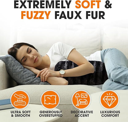 Cheer Collection Faux Fur Bolster Pillows – Soft Decorative Cylinder Pillows for Bed or Couch, Machine Washable – 8” x 24”, Set of 2, Black