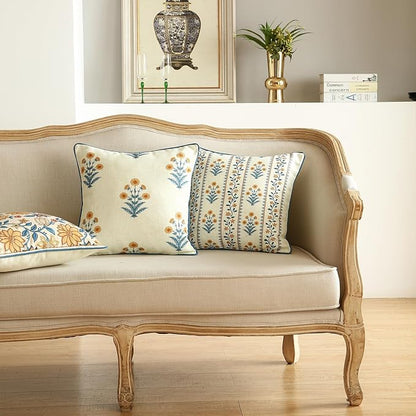 ISAENNE Design Square Simple Elegant Linen Throw Pillow Covers 18"x18" Pack of 2, Blue Yellow Floral Pattern Cushion Covers Decor Pillowcases for Bed,Living Room,Outdoor,Car