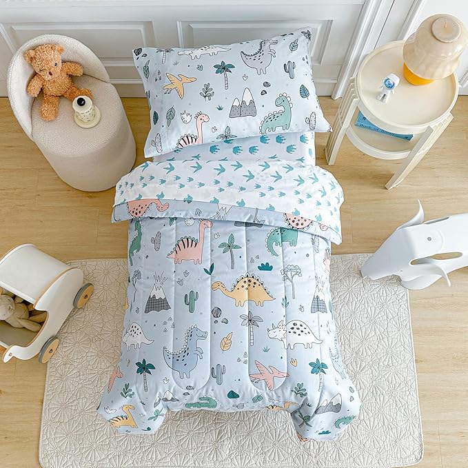 Joyreap 4 Piece Toddler Bedding Set, Cute Dinosaur on Light Blue, Ultra Soft Microfiber Toddler Comforter for Kids Boys Girls, Includes Quilted Comforter, Fitted Sheet, Top Sheet, and Pillow Case