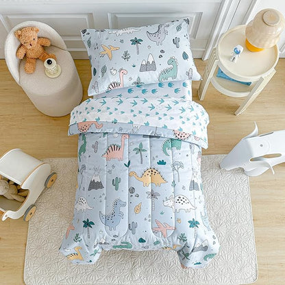Joyreap 4 Piece Toddler Bedding Set, Cute Dinosaur on Light Blue, Ultra Soft Microfiber Toddler Comforter for Kids Boys Girls, Includes Quilted Comforter, Fitted Sheet, Top Sheet, and Pillow Case