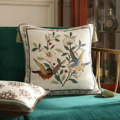 ISAENNE Design Square Bird Floral Linen Throw Pillow Covers 18"x18" Pack of 2, White Simple Elegant Daisy Pattern Cushion Covers Decor Pillowcases for Bed,Living Room,Outdoor,Car