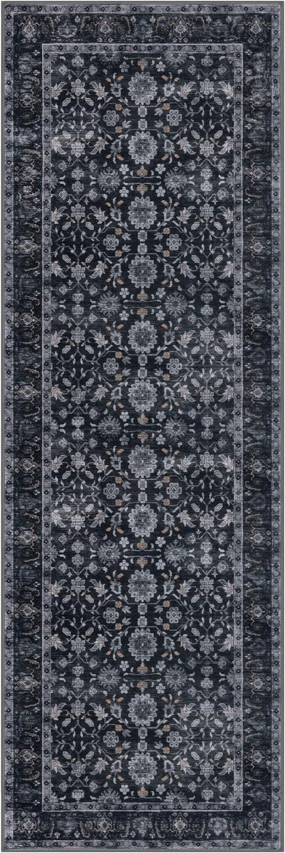 KUTA Runners for Hallways 2x6, Vintage Floral Rug Non-Slip Washable Kitchen Rugs Black Grey Orange Ultra Thin Soft Printed Distressed Flower Carpet Entryway Rugs for Bedroom Laundry Nursery