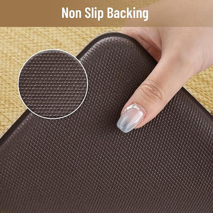 KIMODE Anti Fatigue Kitchen Mats for Floor, Farmhouse Kitchen Rugs Sets of 2, Cushioned Kitchen Floor Mats, Comfort Standing Mat for Sink Laundry Office Desk Brown/Khaki 17"x47"+17"x29"