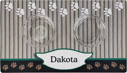 Drymate Personalized Pet Bowl Placemat, Custom Dog & Cat Food Feeding Mat - Absorbent Fabric, Waterproof Backing - Machine Washable/Durable (USA Made) (16" x 28") (Green Tan Paw)