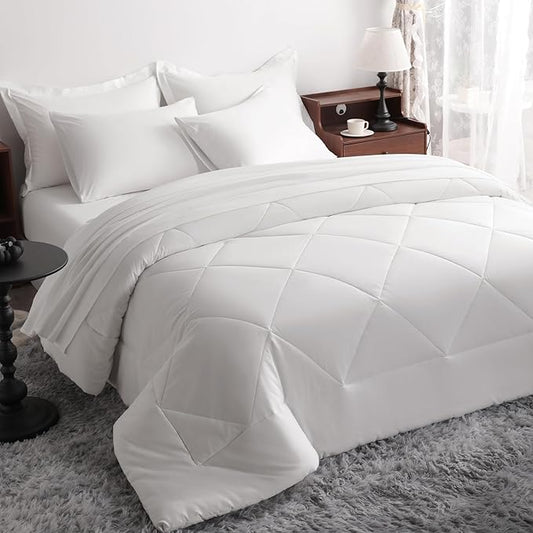 NTBAY Queen Comforter Set with Sheets, 7 Pieces Soft and Breathable Queen Bedding Set, Bed in a Bag, Down Alternative Comforter Set Solid Color All Season, Queen Bedding Set, White