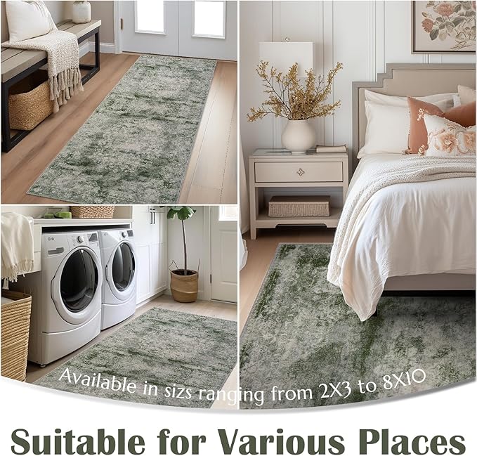 jinchan Green Floral 2x3 Rugs for Entryway - Vintage Washable Area Rug Ultra-Thin Low-Pile Soft Christmas Small Non-Slip Distressed Doormat for Entrance Kitchen Bedroom Bathroom (2x3ft, Forest Green)