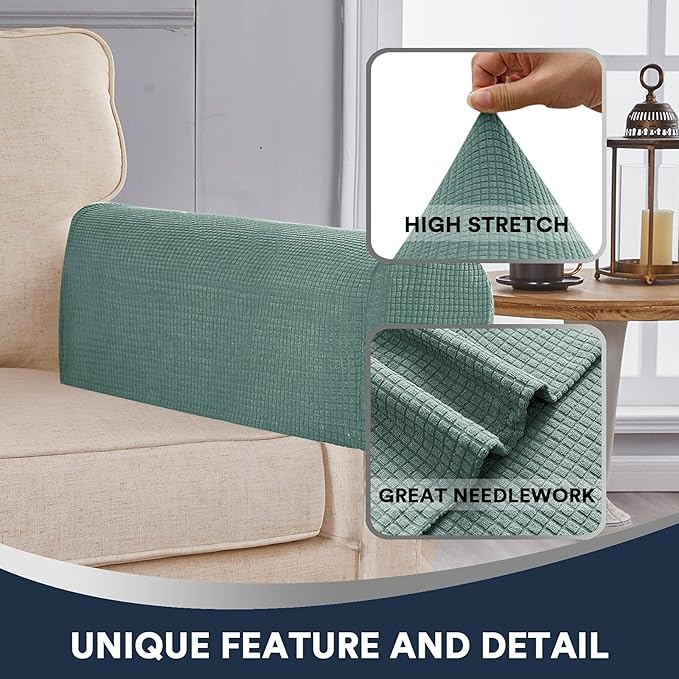 Sage Stretch Sofa Arm Covers - Spandex Jacquard Anti-Slip Armrest Protectors for Chairs, Sofas & Recliners, Set of 2
