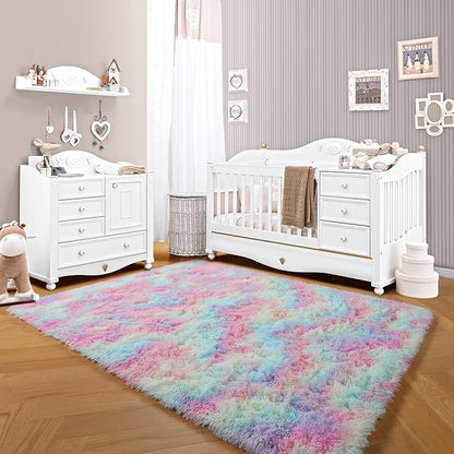 ONASAR Rainbow Area Rugs for Living Room Girls Bedroom, 5x8 Fluffy Rug, Washable Indoor Ultra Soft Plush Shaggy Large Floor Carpets for Nursery Kids Baby Girl Teen Dorm Playroom Home Decor Aesthetic