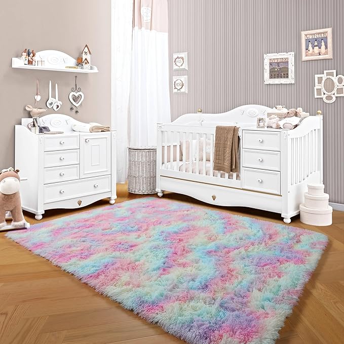 ONASAR Rainbow Area Rugs for Girls Bedroom, 4x6 Fluffy Bedside Colorful Rug, Cute Washable Soft Plush Shaggy Princess Fuzzy Indoor Floor Carpet for Nursery Kids Baby Teen Dorm Playroom Home Decor