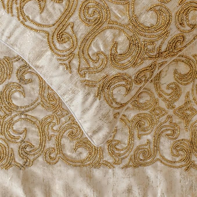 The HomeCentric King/Queen/Twin Gold Designer CA King 86"x18" Bed Runner with Pillow Cover, Foil & Hand Beaded Embroidery Bed Scarf on Jacquard Fabric - Ornamento Oro