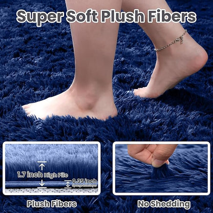 2x6 Bedside Area Rugs for Bedroom: Soft Fluffy Shag Blue Rug for Hallway, Non-Slip Fuzzy Plush Living Room Rug Indoor Floor Carpet for Kids Rooms, Dorm, Nursery, Modern Home Aesthetic Decor