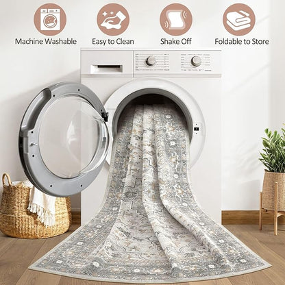 7x9 Area Rug Living Room: Washable Boho Large Neutral Vintage Soft Rugs Stain Resistant Distressed Farmhouse Non-Slip Indoor Floor Carpet for Bedroom Nursery Kids Office Dining Room- Taupe
