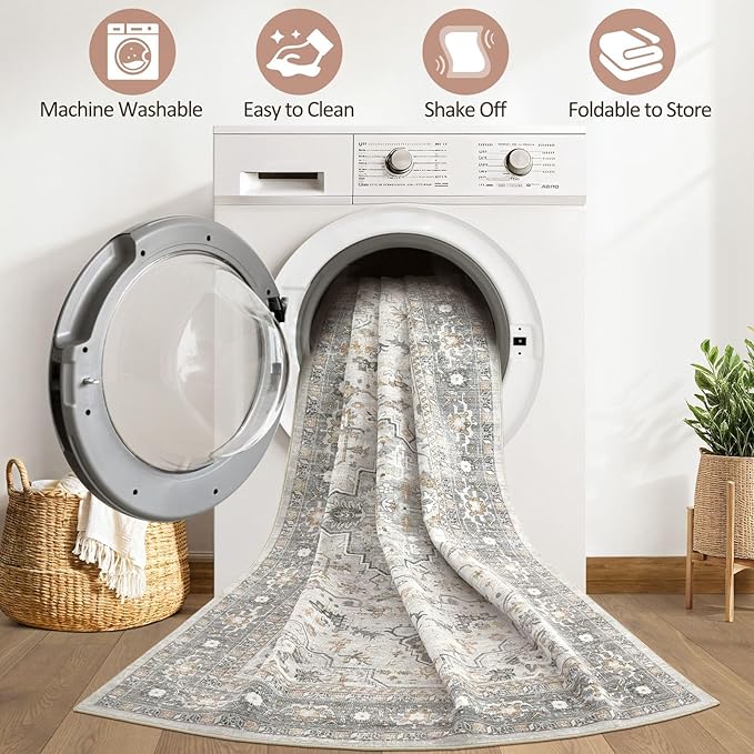 8x10 Area Rugs Living Room: Washable Boho Large Neutral Vintage Soft Rug Stain Resistant Distressed Farmhouse Non-Slip Indoor Floor Carpet for Bedroom Nursery Kids Office Dining Room- Taupe