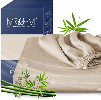 MR&HM Twin XL Fitted Sheet Only, Ultra-Soft Rayon Derived from Bamboo & Polyester Blend, Silky & Breathable, 15" Deep Pocket with Elastic Straps, Cooling Fitted Sheet for Hot Sleepers, Beige