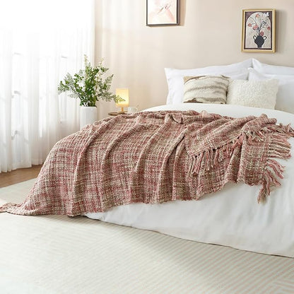 Multi-Color Light Pink Cable Knitted Throw Blanket for Couch,50"X60" Boho Style Textured Blankets for Home Decor,Super Soft Warm Cozy Chunky Knit Blanket with Decorative Tassels for Bed
