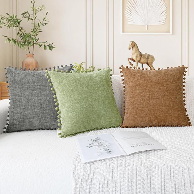 CaliTime Throw Pillow Covers Decorative 20 X 12 Inches Pack of 2 Cozy Solid Dyed Soft Chenille Cushion Cases with Pom Poms for Couch Sofa Bed Living Room Home Sage