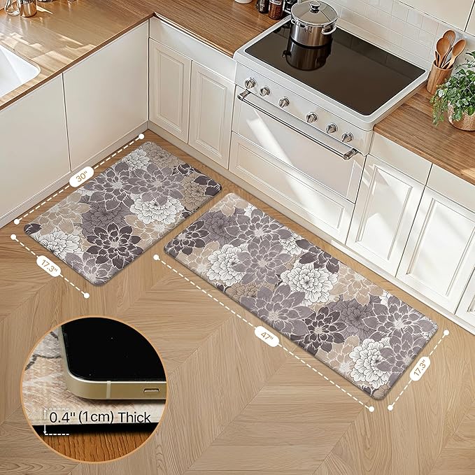 GENIMO Kitchen Mats for Floor, Kitchen Rugs Non Slip Washable Sets of 2, Waterproof Cushioned Anti Fatigue Mat, Floral Runner Rug for Laundry, Sink, Office, Home, 17.3"x47"+17.3"x30", Coffee Brown