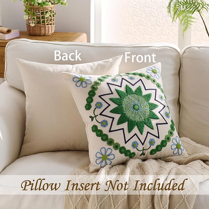 Embroidered Throw Pillow Cover 22x22 Classic Boho Floral Pattern Pillows Cover Outdoor Decorative Pillowcase,Durable Cozy Textured Cushion Case for Sofa Couch Bed Living Room,Green