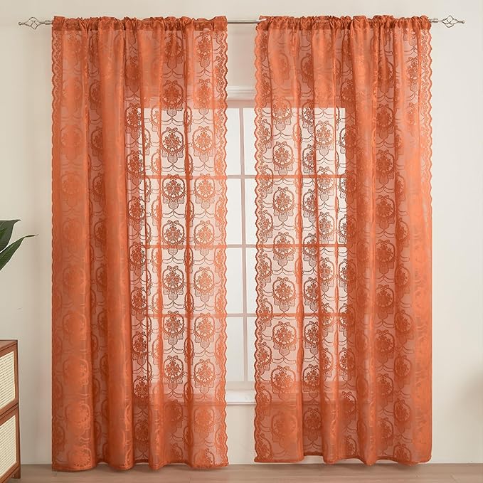 Burnt Orange Lace French Delicacy Curtains 84 Inches Long -Rod Pocket Luxury Vintage Bow Butterfly Flower Sheer Lace Curtains for Living Room Bedroom，52 x 84 Inch, 2 Panels