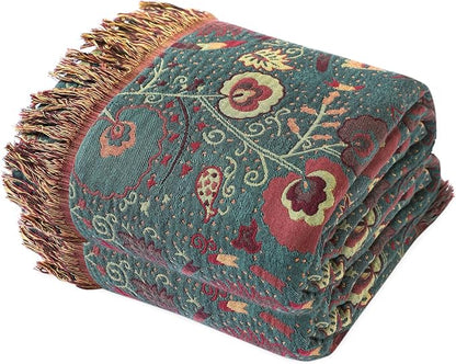 MSGKV Cotton Bed Blanket for Couch and Sofa Blankets for Living Room Bedroom Reversable Florals Throw 90"x98" Breathable Cozy Boho Blankets