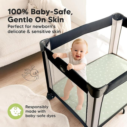 Pack and Play Sheets Fitted - 2-Pack Mini Crib Sheets for Pack N Play Mattress 38x26, Soft & Cozy, Neutral Toddler Playard Bedding, Snug Fitted Mini Baby Crib Mattress Cover Boy, Girl (Herb)