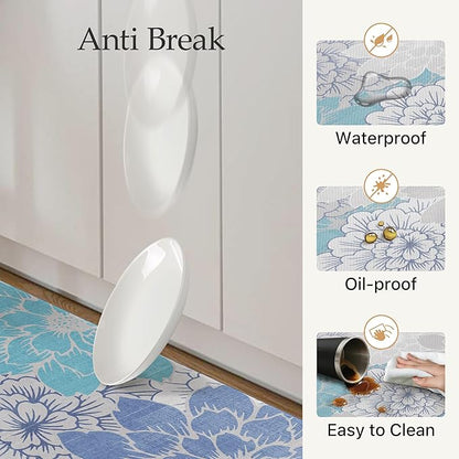 GENIMO Kitchen Mats for Floor, Kitchen Rugs Non Slip Washable, Waterproof Cushioned Anti Fatigue Mat, Floral Runner Rug for Laundry, Sink, Office, Home, 23.6"x71", Sky Blue