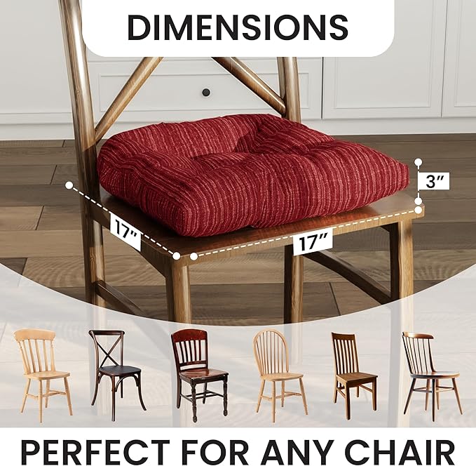 Klear Vu Gripper Overstuffed Universal Non-Slip Dining Chair Cushions for Kitchen Decor or Office Use, U-Shaped Skid-Proof Seat Pad, 17x17 Inches, 2 Count (Pack of 1), Chenille Garnet Red