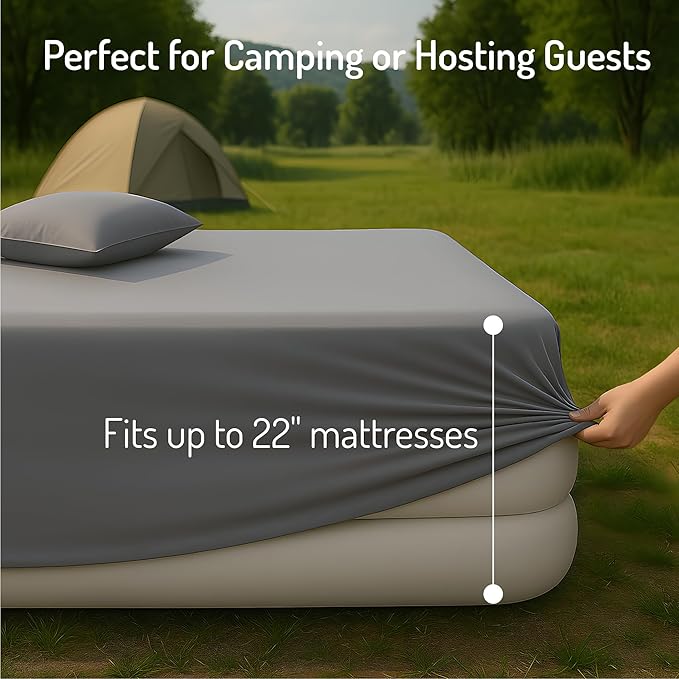 Degrees of Comfort Twin Sheet Set for Air Mattress – Extra Deep Pocket Fitted Sheet up to 22”, 4-Piece Bedding Sets with Dual Side Pockets, Soft & Wrinkle-Free, Breathable Fabric, Grey