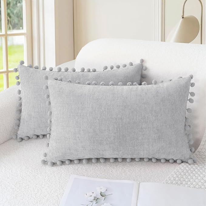 CaliTime Throw Pillow Covers Decorative 20 X 12 Inches Pack of 2 Cozy Solid Dyed Soft Chenille Cushion Cases with Pom Poms for Couch Sofa Bed Living Room Home Moonbeam Gray