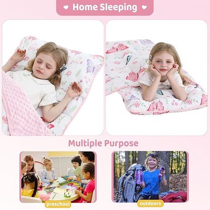 Viviland Toddler Kid Nap Mat for Preschool, White Butterfly Slumber Bag, Daycare Sleeping Bag with Pillow and Blanket, Kindergarten Sleep Mat