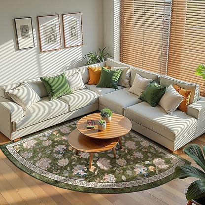 jinchan Elora Floral Corner Rug for Living Room Washable Rug Vintage Romance Christmas Design Non Slip Quarter Circle Lightweight Low-Pile Throw Carpet for Reading Nook Playroom, 6ft Radius, Green